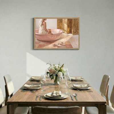 Woman in Pink Bathtub with Gold Floral Screen and Slippers Canvas Wall Art