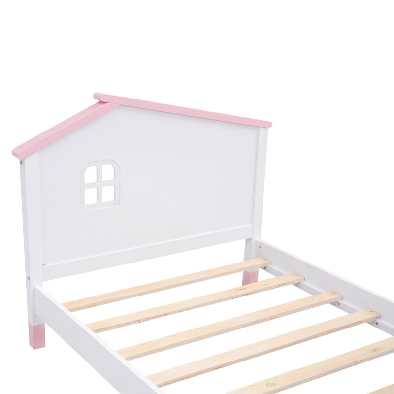 Lit plateforme en bois avec tête de lit en forme de maison (lit), Lit simple, Blanc / Rose