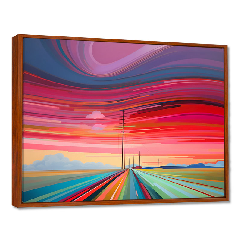 «Red Sunset Mimal Country Road horizontal Waves», paysage abstrait, art mural, Cadre flottant brun, H 16 po x l 32 po