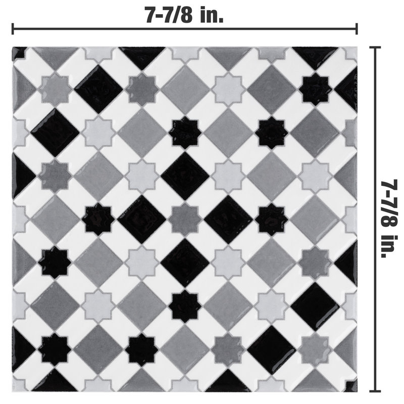 Sevillano Giralda 8" x 8" Ceramic Patterned Tile, Light Gray/White