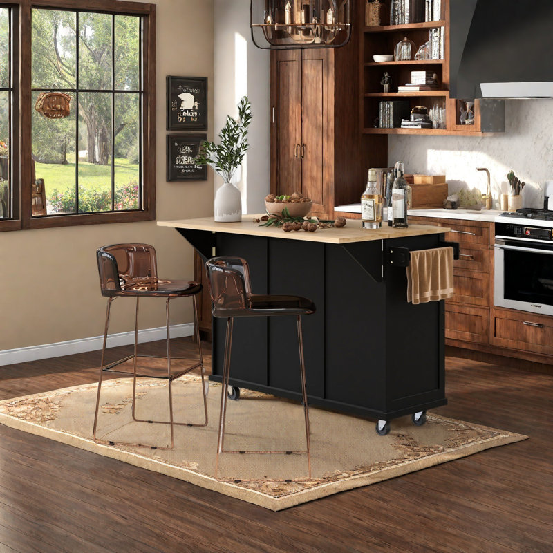 Kitchen Cart with Drop-Leaf Countertop and Internal Storage Racks, Black