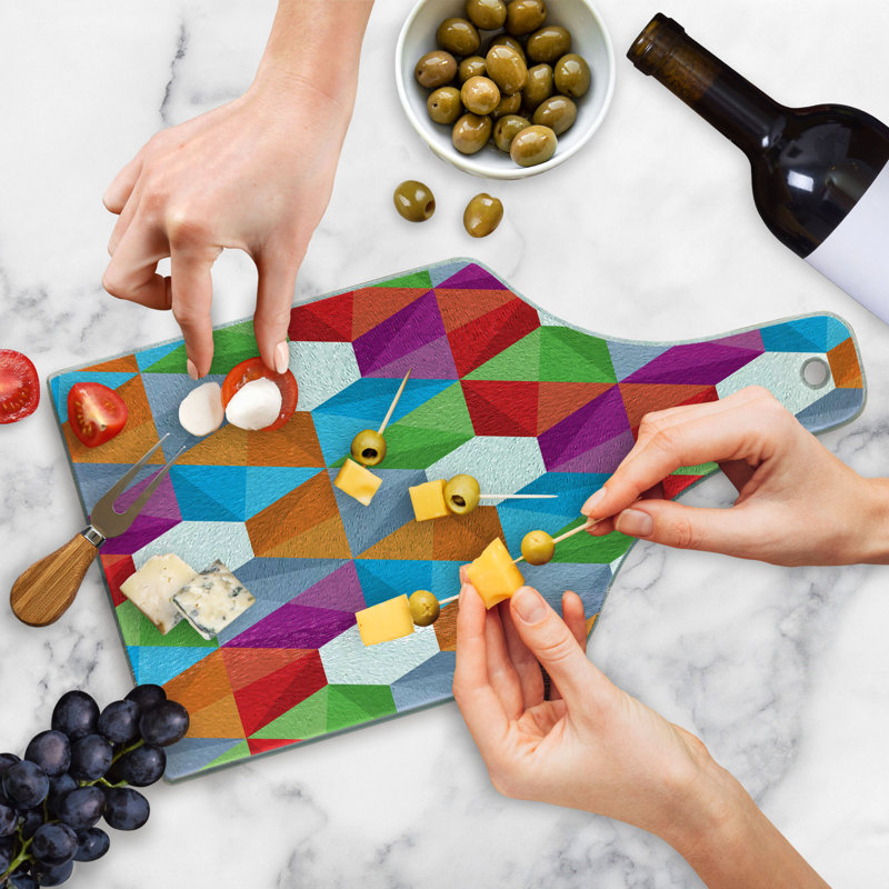 Ambesonne Colorful Tempered Glass Cutting Board Retro Mosaic Triangle Multicolor