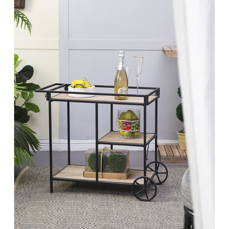 Chariot-bar moderne avec 3 cadres en bois et en métal noir, 32,3 x 15,7 x 26,8, 32,3 x 15,7 x 26,8 po supportant trois sections de rangement élégantes