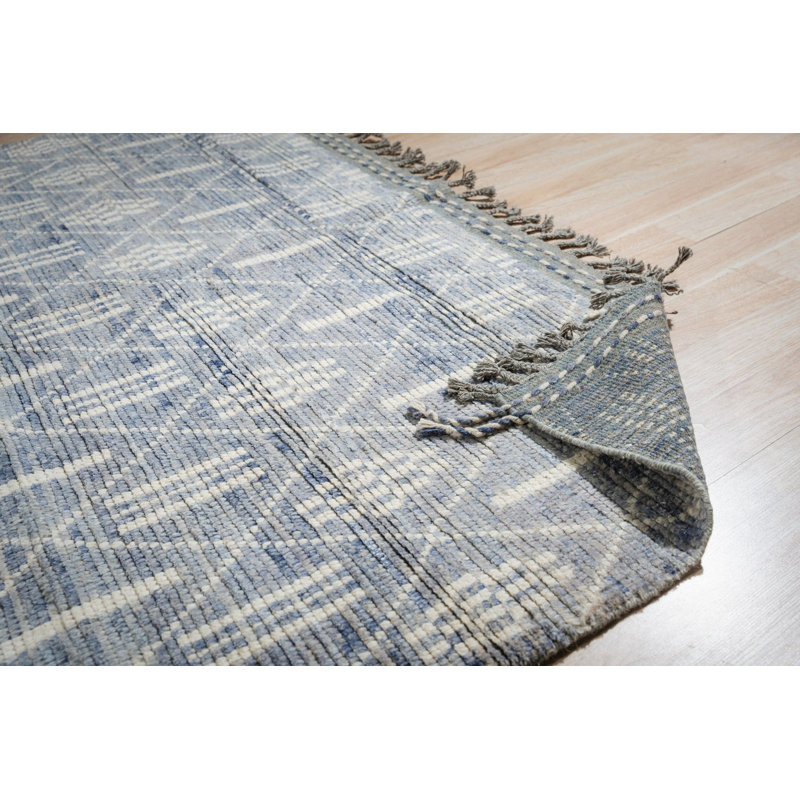 8x11 Blue Hand-Knotted Wool Diamond Lattice Stripes Tribal Modern Contemporary Carpet Rug