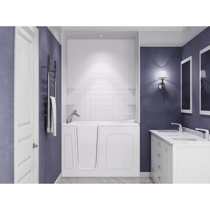 Nova Heated Series 30" x 54" Left Drain Air Jetted Bathtub in White with 6 in. Tile Shower Wall Kit, Left, White