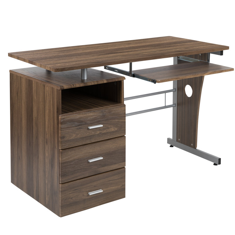 Picabo Computer Desk with Three Drawer Single Pedestal and Pull-Out Keyboard Tray, Rustic Walnut