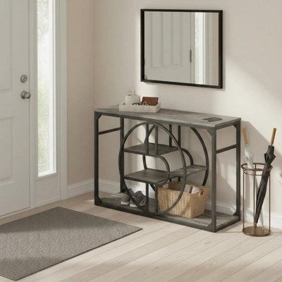 55 Inch Industrial Entryway Table, 5-Tier Storage Cabinet with o-Shaped Frame, PB Board Frame Console Table, Rustic Narrow Open Shelf Cabinet for Foyer, Hallway, Living Room,Grey