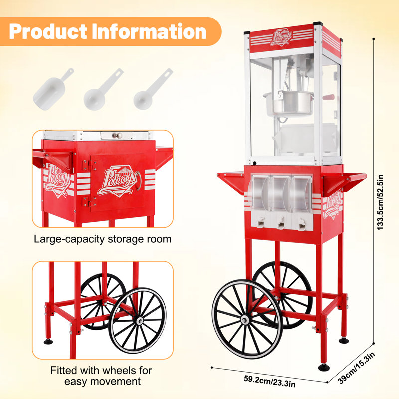 Machine à maïs soufflé 12 oz avec chariot à bonbons, machine à maïs soufflé de style rétro pour les réunions de famille et les réceptions