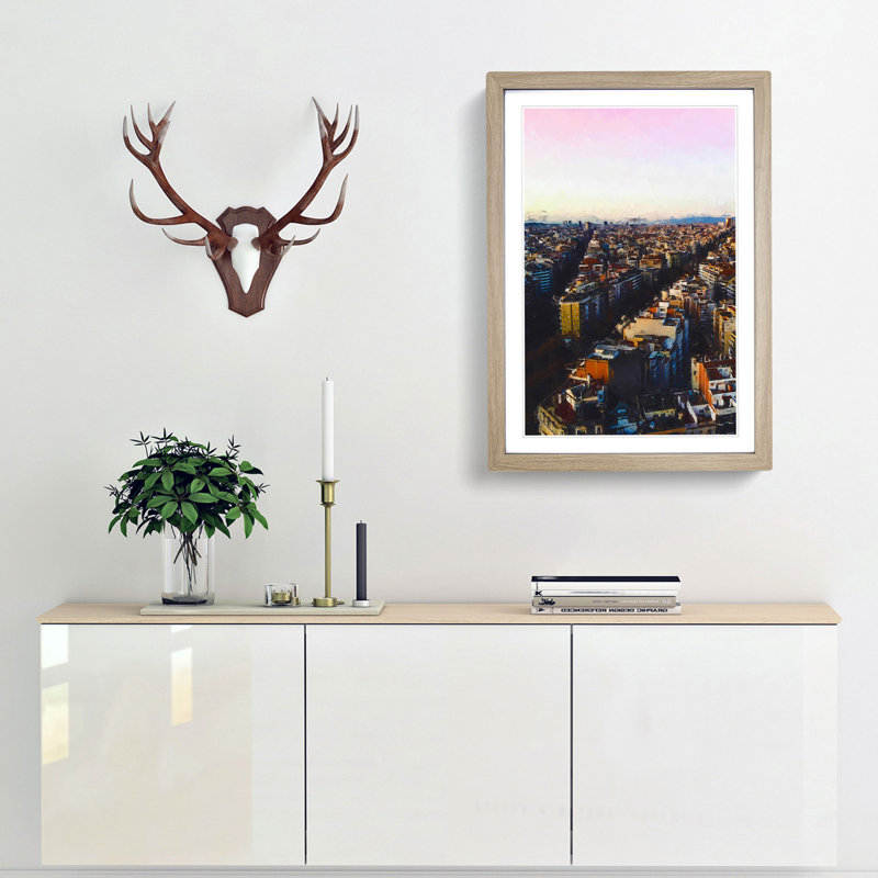 View of Barcelona in Spain in Abstract - Picture Frame Graphic Art Print, Oak, 60cm H x 40cm W x 2cm D