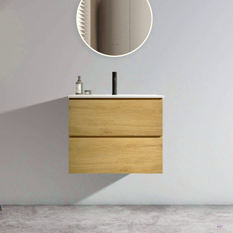 Meuble-lavabo mural 24 po avec lavabo en céramique avec un trou de robinet, grand meuble-lavabo flottant de rangement pour salle de bain moderne, pré-assemblé