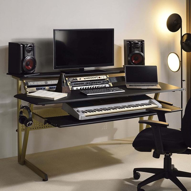 Bureau de musique en bois et métal avec plateau à clavier en noir, Noir
