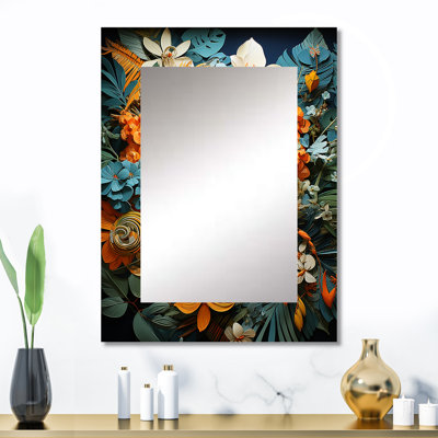 Orange orange tropical Tangle II - miroir abstrait de collages, miroir mural moderne unique, impression d'art en métal