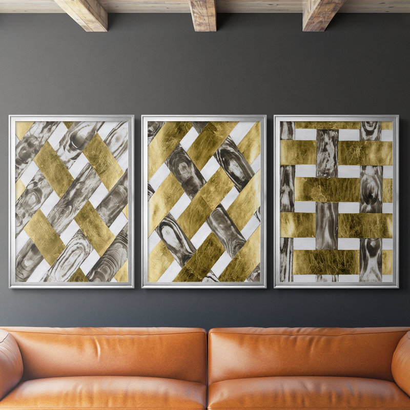 End Grain Weave I - Toile tendue avec châssis sur mesure - 3 pièces, H 19 po x l 45 po, Argent argent