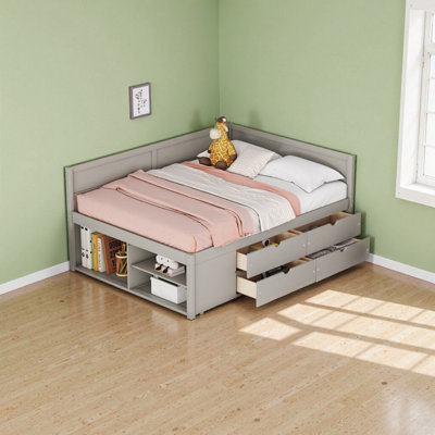 Lit de jour pleine grandeur avec 3 tablettes et tiroirs coulissants, structure en bois massif gris moderne