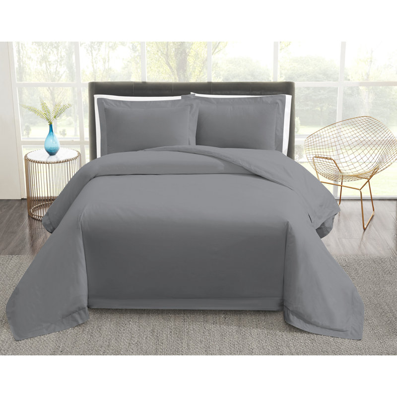 Vince Camuto 400TC Percale Cotton Duvet Set, Full/Double Duvet Cover + 2 Standard Shams, Gray