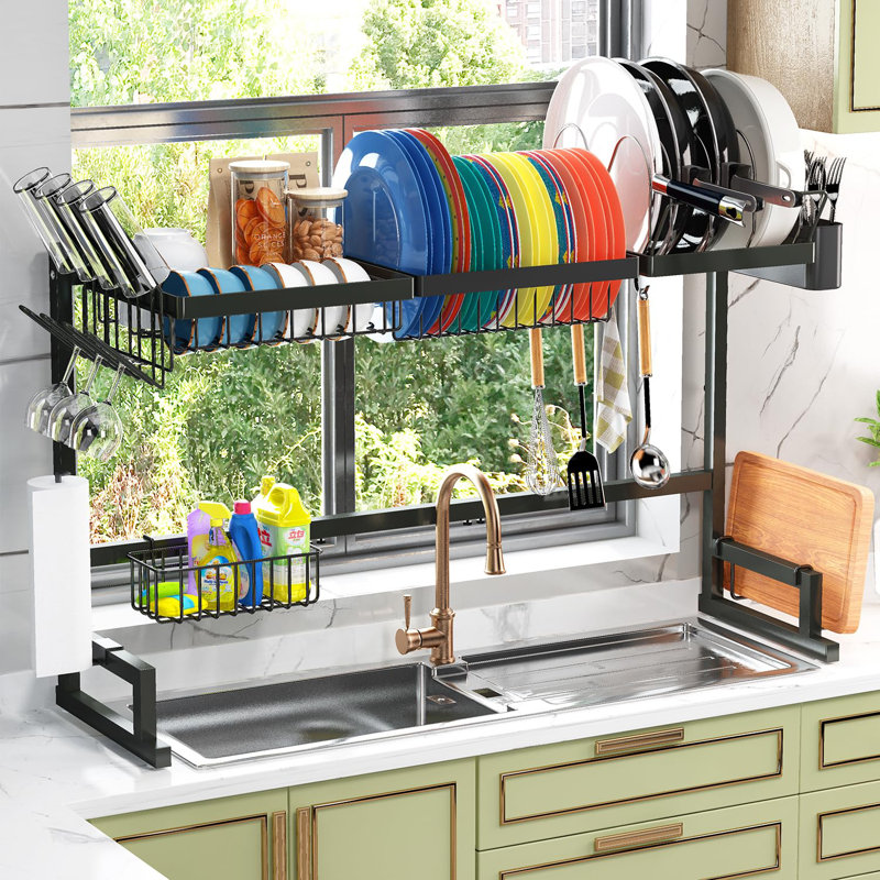 Over The Sink Drying Rack (Expandable Dimension) Snap-On Design 2 Tier Large Dish Rack Kitchen Count Organization and Storage