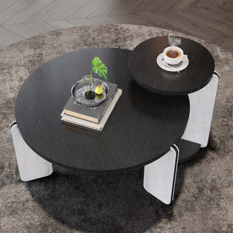 Ensemble de 2 tables basses rondes en bois, pour le salon et la salle d'étude, Noir/gris