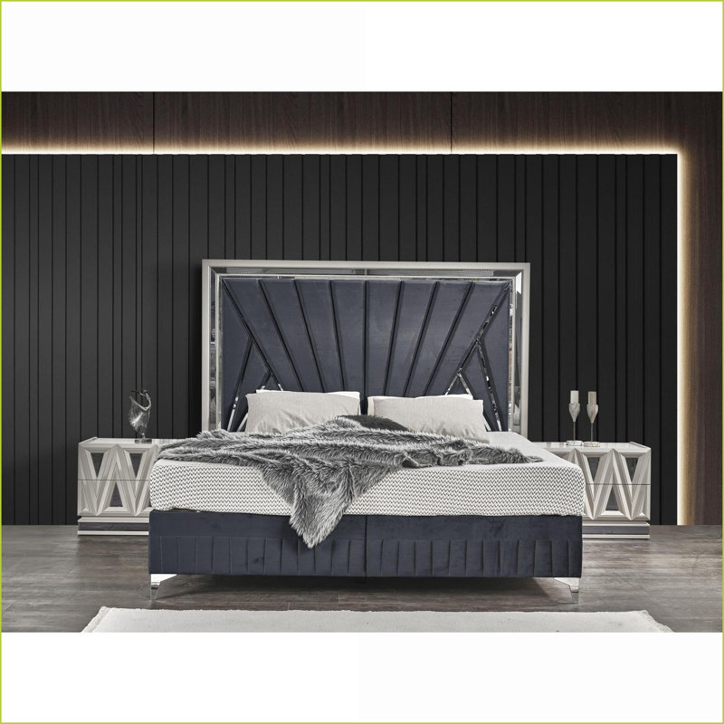 Ensemble de chambre à coucher grand et moderne 5 pièces Bois contemporain gris sable de rivière avec éclairage DEL et amp; Rangement hydraulique | Bois | Lits standard
