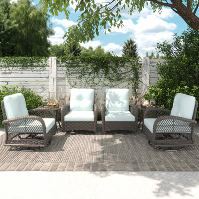 Ensemble de conversation en osier pour l'extérieur 6 pièces - 4 chaises pivotantes et 2 tables d'appoint avec coussins en tissu doux