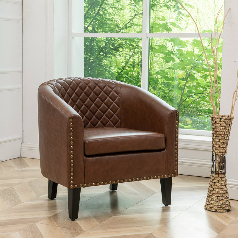Boney 29" W Stain Resistant Faux Leather Tufted Barrel Chair, Brown Performance Faux Leather