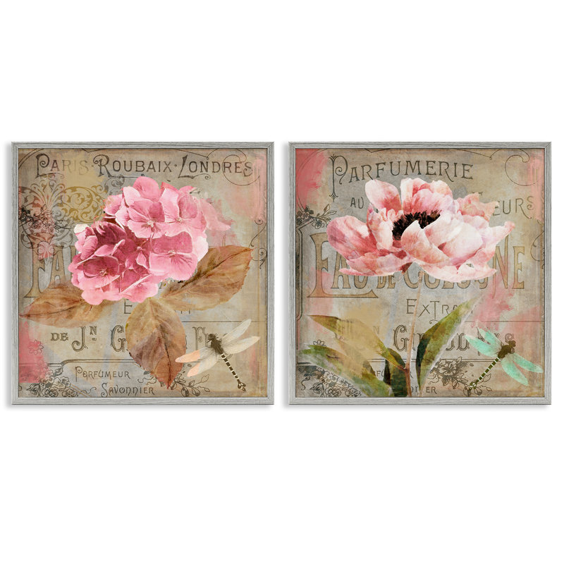 Ensemble de 2 giclées encadrées Vintage Collage French Florals, design par Sasha, H 24 po x l 24 po