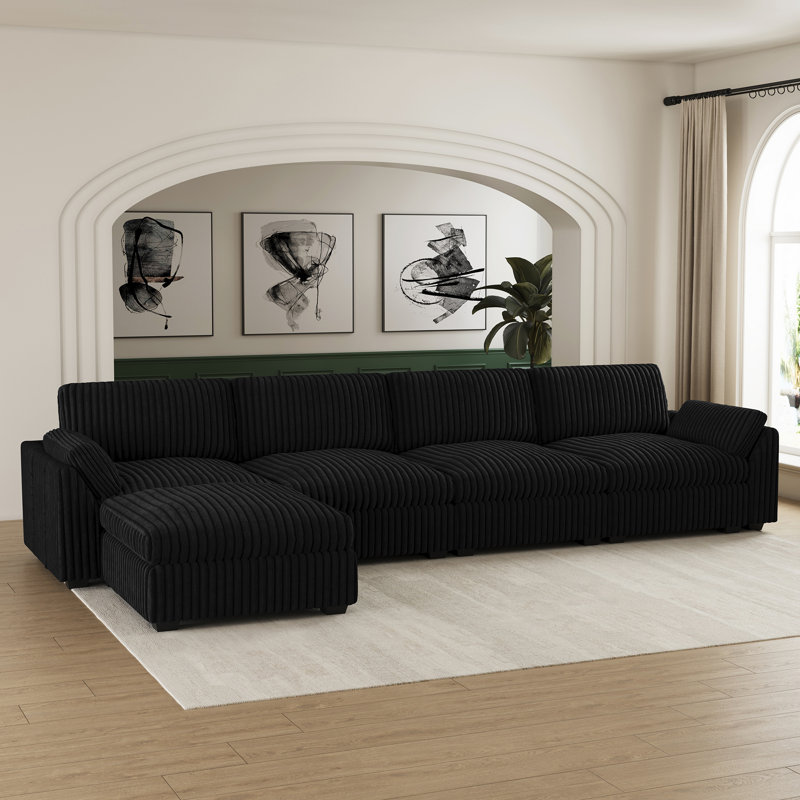Canapé modulaire en L avec repose-pieds mobile, Velours côtelé noir moelleux