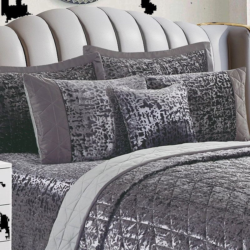 Velvet Bedspread with Pillow Shams, Grey, Super King Bedspread+ 2 Standard Shams
