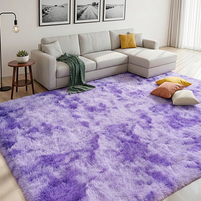 Tapis à poils longs 8 x 10 po pour le salon, grands tapis moelleux de luxe pour la chambre à coucher, envers antidérapant de qualité supérieure, idéal pour les endroits très passants à l'intérieur, esthétique intérieure, mauve Tie Dye