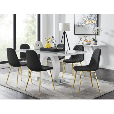 Scottsmoor Modern High Gloss Halo 6 Seater Dining Table Set with Luxury Faux Leather Dining Chairs