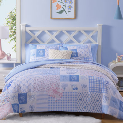 AMBERSPACE Queen Comforter Set for Girls, Cute Blue Bow Bedding 7 Pieces Kids Bed set, All Season Bed in a Bag with Sheets, Pillowcases & Shams