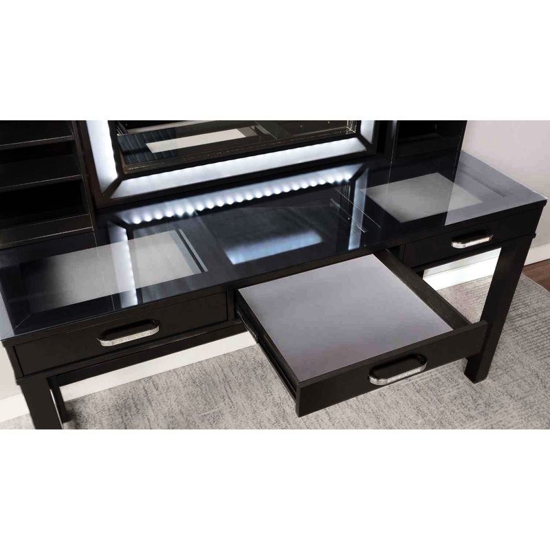 1 tabouret de coiffeuse élégant, verre trempé de 8 mm, miroir de 3 mm, 3 tiroirs, tabouret rembourré, mélange gris pour le style de la chambre à coucher,