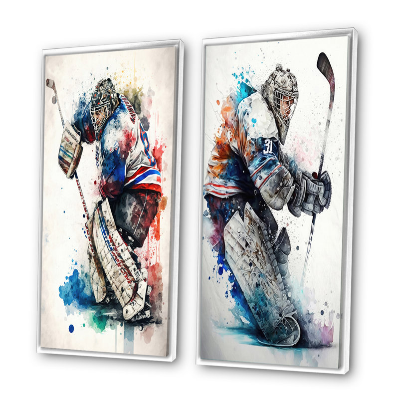 «Hockey Gardien», 2 pièces sur toile, Cadre blanc, H 40 po x l 40 po