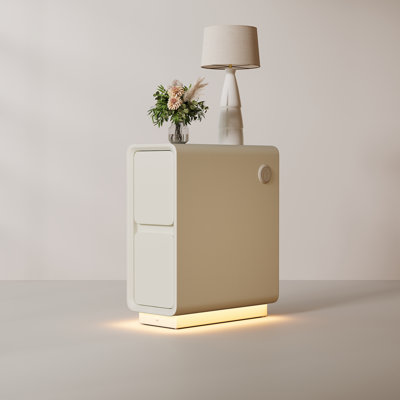Narrow Nightstand with Charging Station, Leather Upholstered End Table with 2 Drawers and Motion Sensor Light, Fully-Assembled