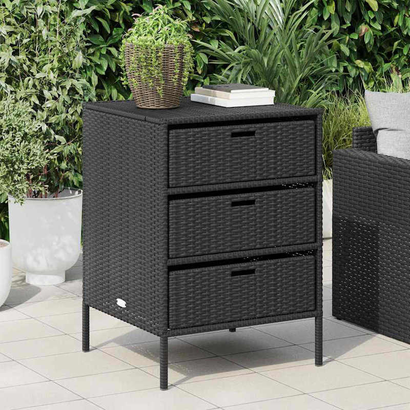 vidaXL Outdoor Storage Box 50 Gal Deck Box PE Rattan with Water-Resistant Bag, Black 21.7"x23.2"x31.5" Storage Cabinet with 3 Drawers for Cushions & Equipment