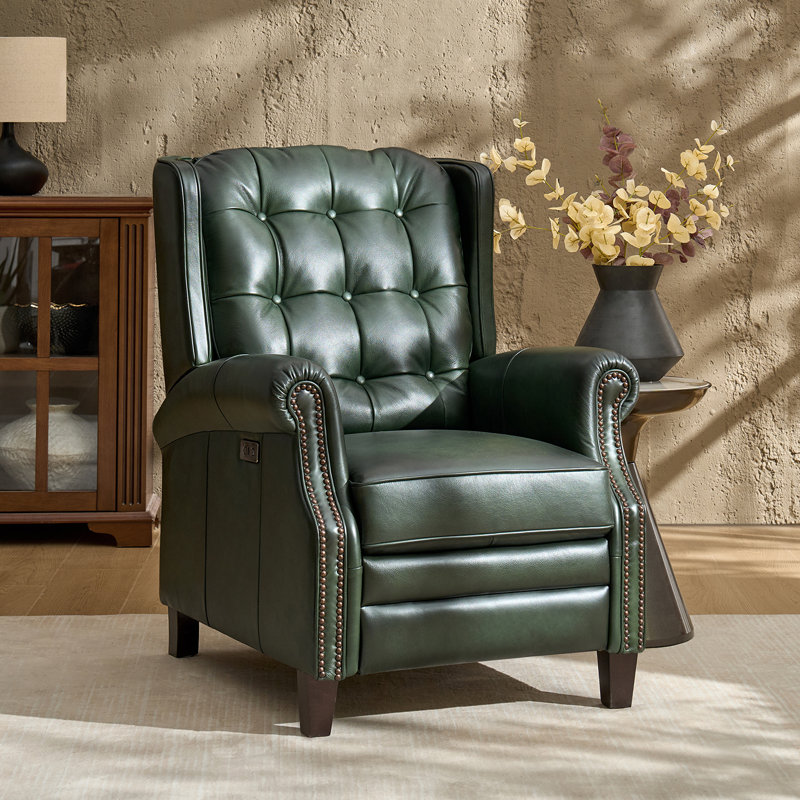 Martina 29.25''W Waxed Leather Power Recliner with Solid Wood Legs, Green
