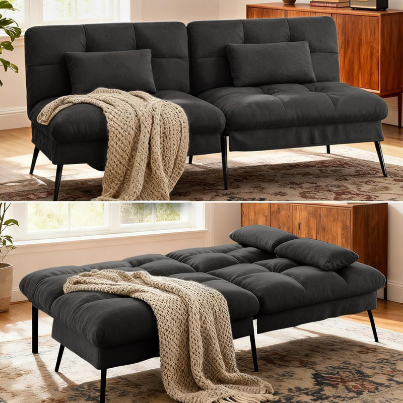 COMHOMA Convertible Futon Sofa Bed, 72″Fabric Futons Couch with Adjustable Backrest, Folding Sleeper Recliner for Living Room Furniture (Black)