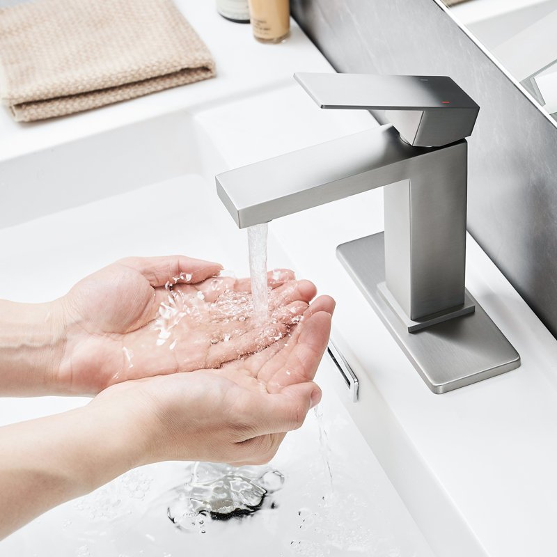 Bathroom Tap With Waterfall Design, Brushed Nickel Finish, Deck-Mounted, One Hole, Handle, Pop Up Drain, Supply Lines, Ceramic Filler, Side , Cartridge Valve Style,