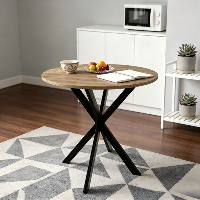 Table de salle à manger ronde de 31,5 pouces, table de cuisine brune moderne avec pieds en métal noir, petite table ronde pour 2 à 4 personnes, table de salle à manger seulement