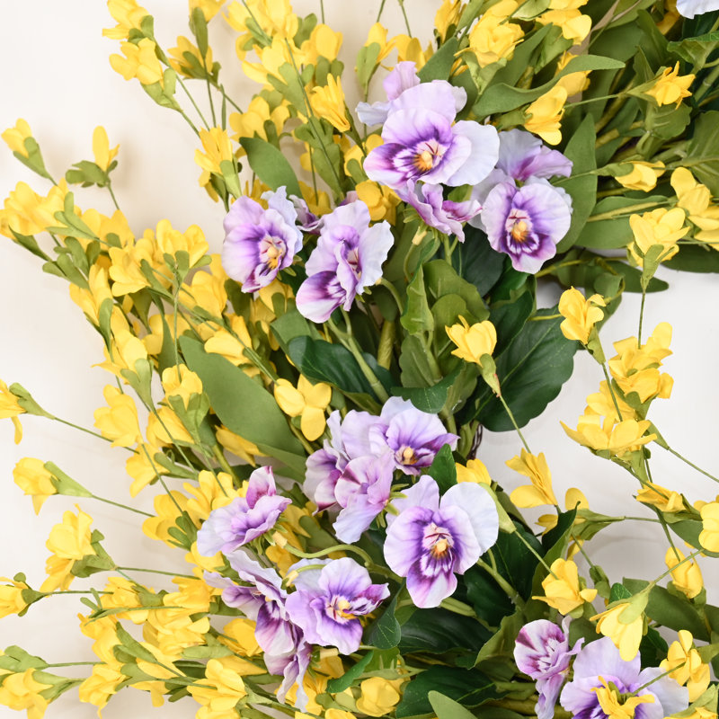 Couronne de fleurs artificielles de 22 po en forme de grappe de fleurs d'eucalyptus au printemps été, Jaune / Mauve