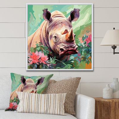 Pink And Green Rhino Paradise II - Rhinoceros Wall Art