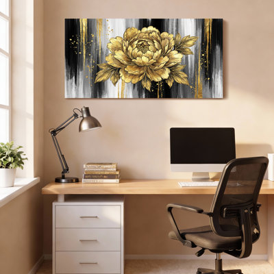 Golden Peony Floral Art Canvas Wrapped Wall Art Oil Painting Print With Black And White Abstract Background For Living Room Bedroom Or Office Decor