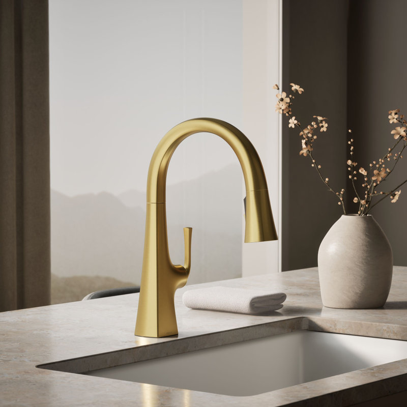 Graze Pull-Down Kitchen Sink Faucet with Three-Function Sprayhead, Vibrant Brushed Moderne Brass