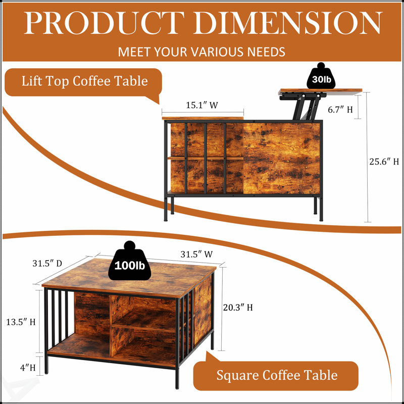 Table basse à plateau relevable avec rangement Farmhouse