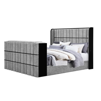 King Size Grey Bed With 50" Tv Lift, Built - In Speakers, Led , Fireplace In , Contemporary Upholstered