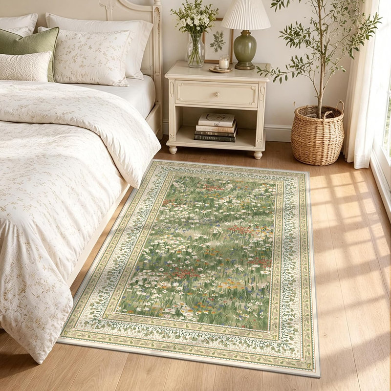 Tapis fleuri vintage lavable à la machine - Tapis botanique doux et antidérapant à poils courts, Vert foncé