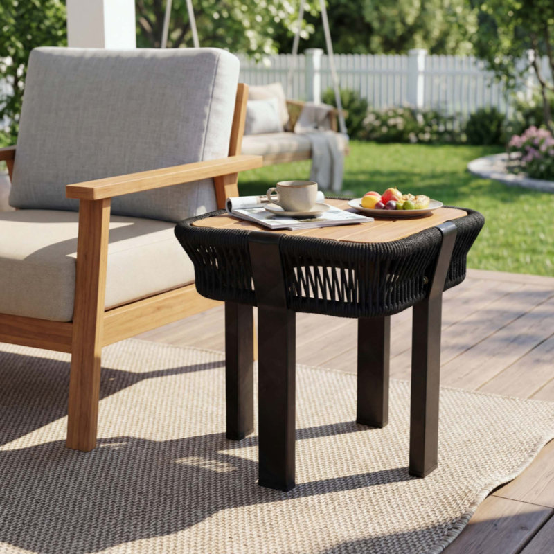 Table d'appoint en bois d'acacia, table de bout d'extérieur pour patio d'une capacité de 120 lb avec corde et structure en métal, table d'appoint carrée pour la cour arrière, balcon, salon