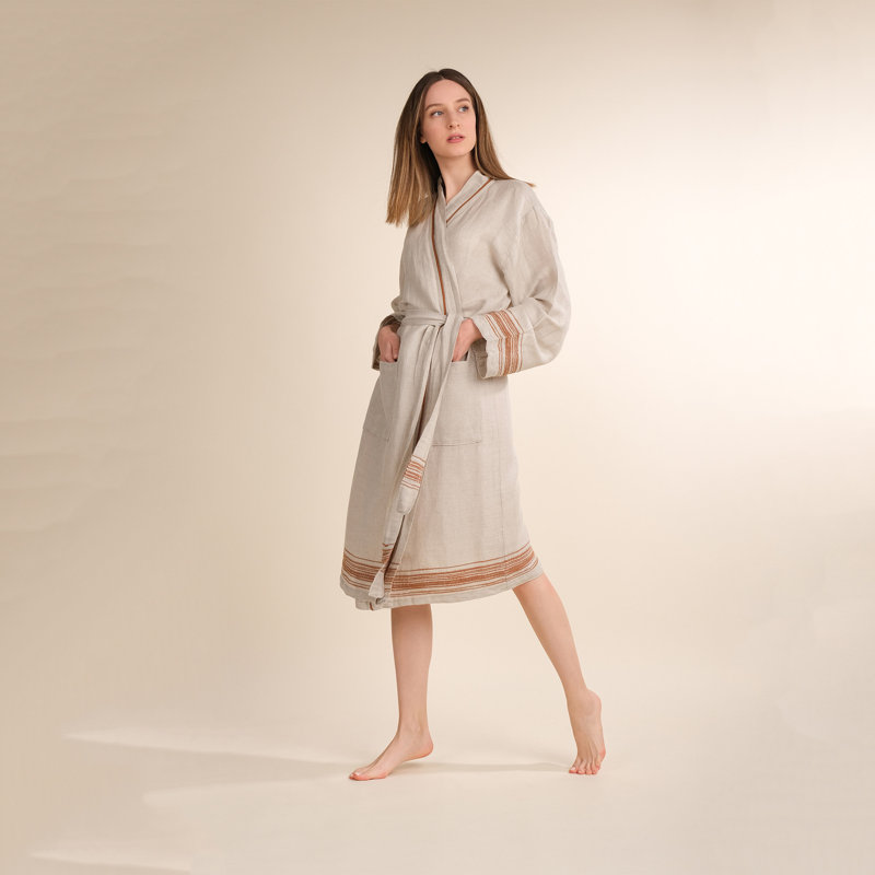 Peignoir 100% coton avec poches, G / TG, Brun / crème