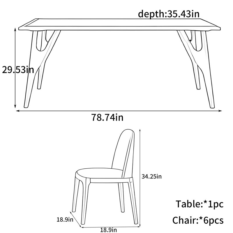 Rectangular luxury dining table, 7 Pieces: Table, 6 Chairs, 29.53" H x 78.74" W x 35.43" D
