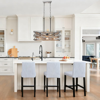 Farmhouse Linear Chandelier With Retro Wood Texture 3-Light Kitchen Island Lighting Industrial Dining Room Fixture Rustic Rectangle Design