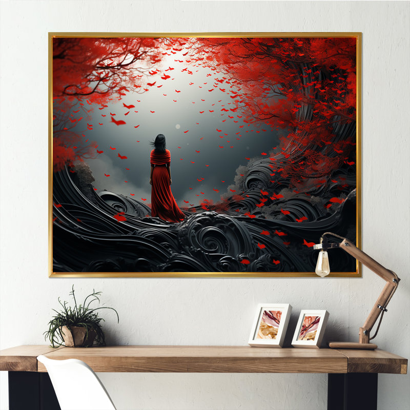 Silence zen japonaise rouge et grise sur toile, Encadrement doré, H 24 po x l 32 po
